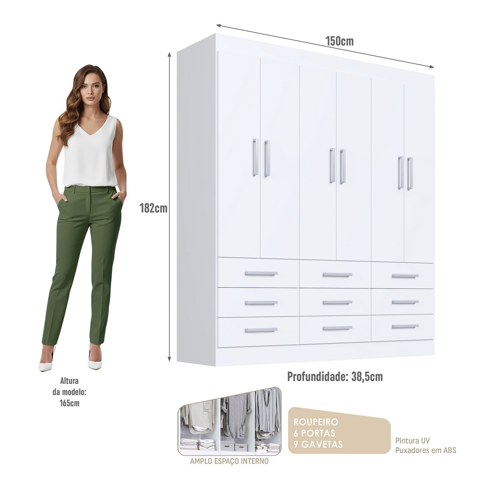 Guarda-Roupa 6 Portas Milão 1,50 m Branco - MÓVEIS CADORIN - Imagem 4