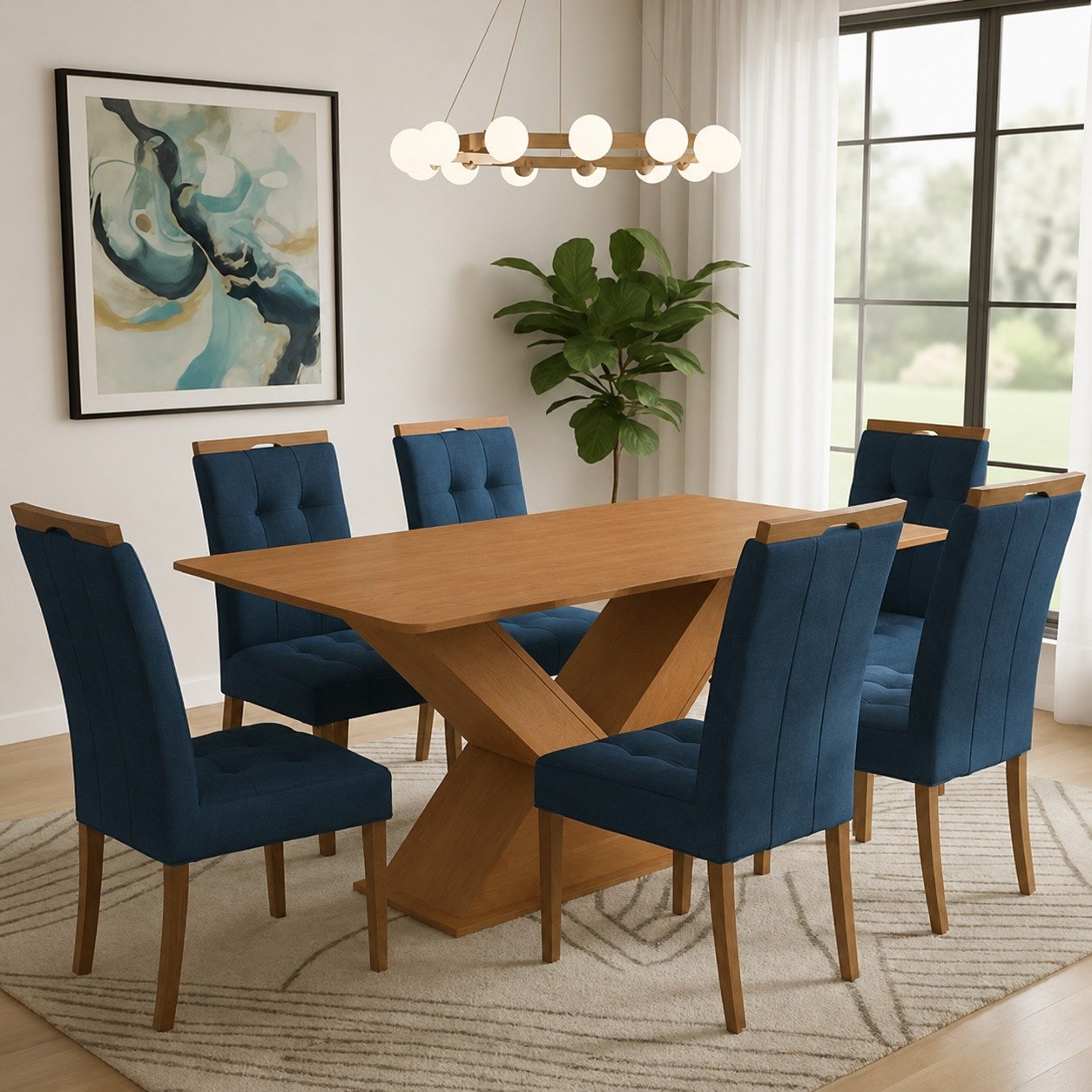Mesa Amora BA35 160 (S/Vidro) Canela/Off White com 6 Cadeiras Sophia Veludo Azul – KAPPESBERG + WM DECOR