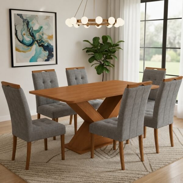 Mesa Amora BA35 160 (S/Vidro) Canela/Off White com 6 Cadeiras Sophia Linho Cinza Grafite 206 – KAPPESBERG + WM DECOR