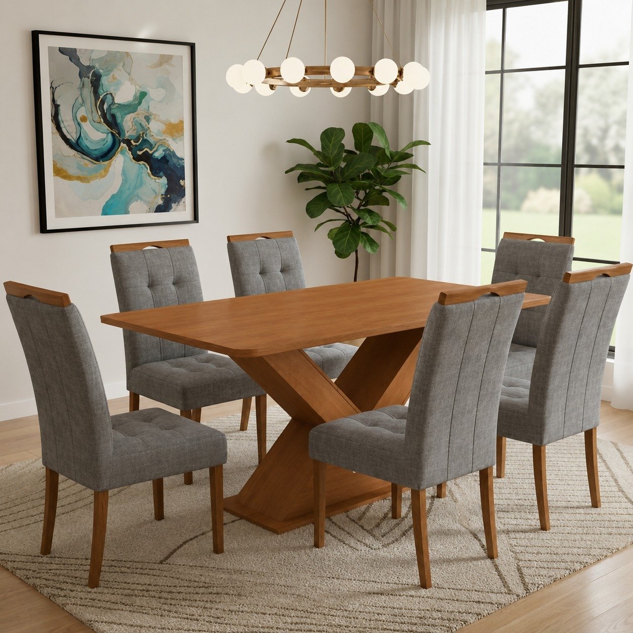 Mesa Amora BA35 160 (S/Vidro) Canela/Off White com 6 Cadeiras Sophia Linho Cinza Grafite 206 – KAPPESBERG + WM DECOR