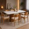 Mesa Pilar 180 Canto Copo (C/Vidro) Off White/Off White/Naturale com 6 Cadeiras Havana Veludo Creme – RUFATO
