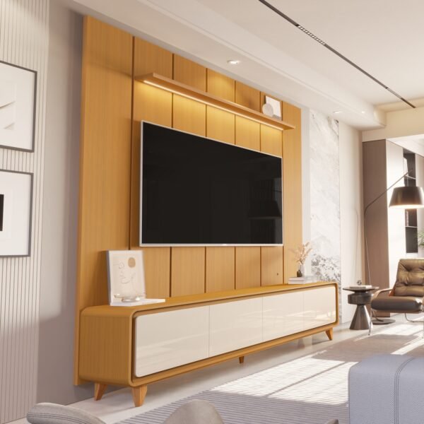 Painel até 75″ Lumi 2,19 m Cedro + Rack Liv 2,18 m Cedro/Off White – EDN MÓVEIS