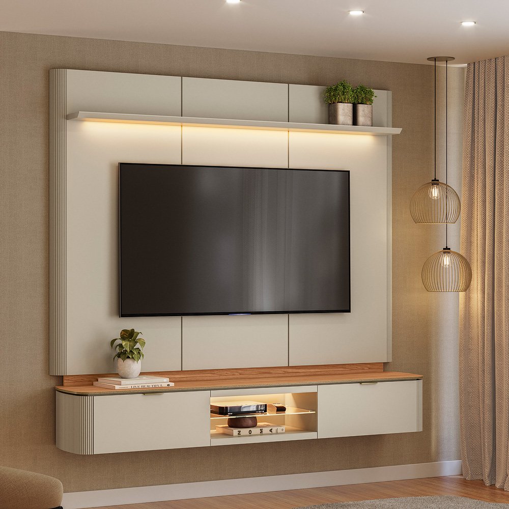 Painel Home até 70" Ferrara Canela/Off White Fosco - LINEA BRASIL