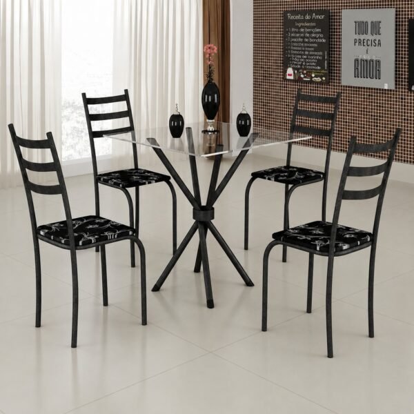 Mesa 4 Cadeiras Marabá (Tampo Vidro Quadrado) Preto/Preto Lírio - TEIXEIRA