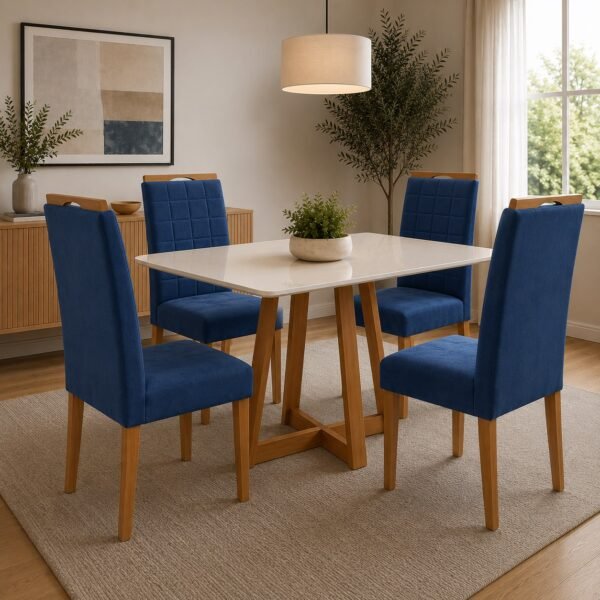 Mesa Maria 120 Imbuia/Off White com 4 Cadeiras Quartzo/Safira Veludo Azul – A&A CONCEITO + KM DECOR