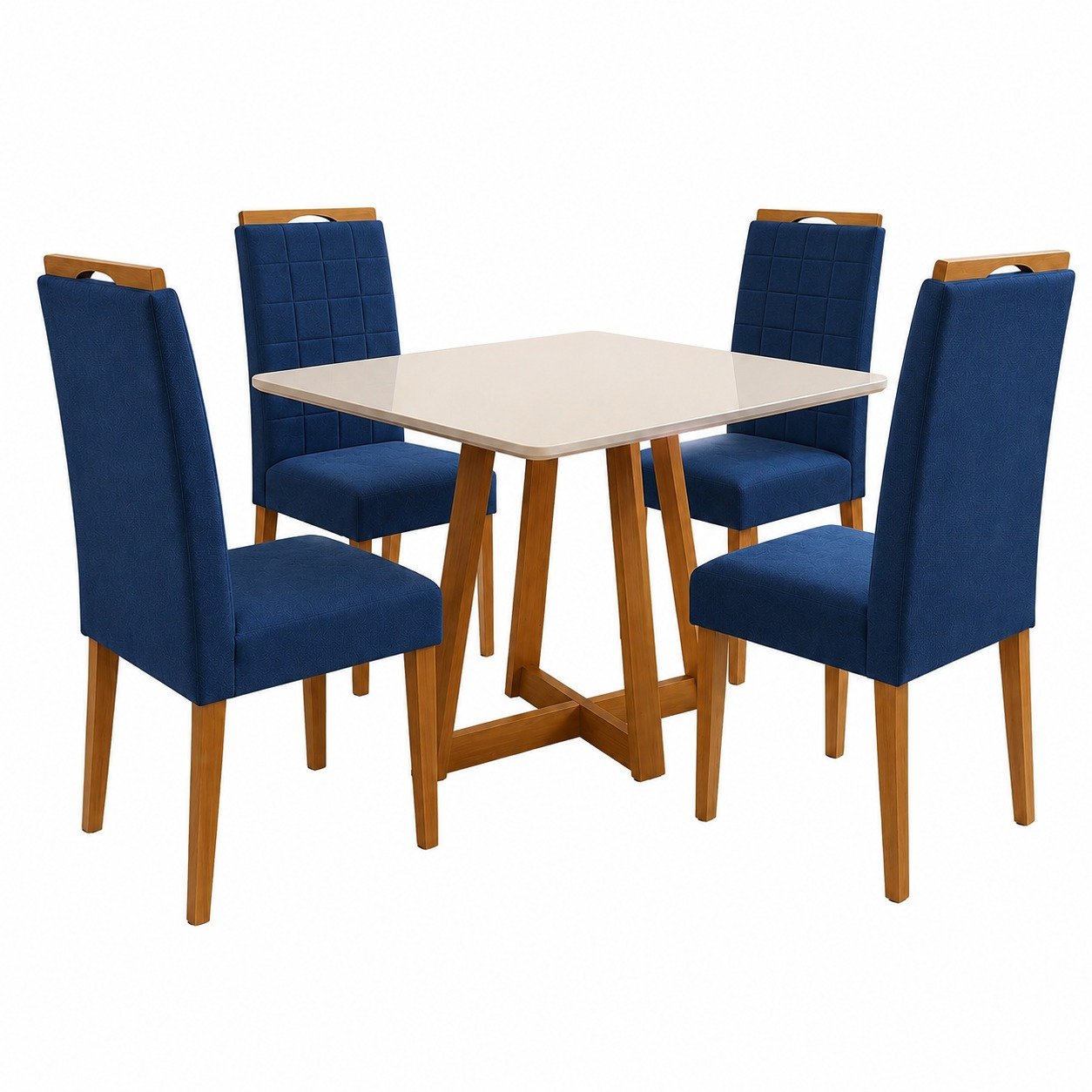 Mesa Maria 90 Imbuia/Off White com 4 Cadeiras Quartzo/Safira Veludo Azul – A&A CONCEITO + KM DECOR - Imagem 3