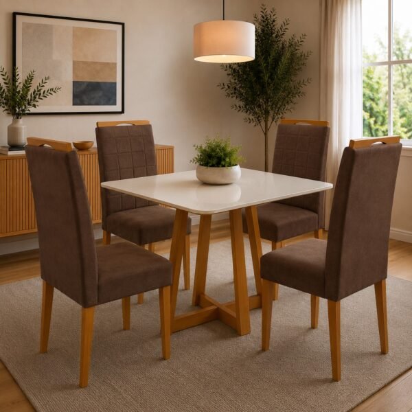 Mesa Maria 90 Imbuia/Off White com 4 Cadeiras Quartzo/Safira Veludo Marrom – A&A CONCEITO + KM DECOR