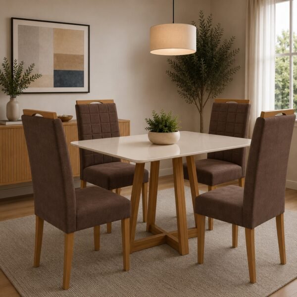 Mesa Maria 120 Imbuia/Off White com 4 Cadeiras Quartzo/Safira Veludo Marrom – A&A CONCEITO + KM DECOR