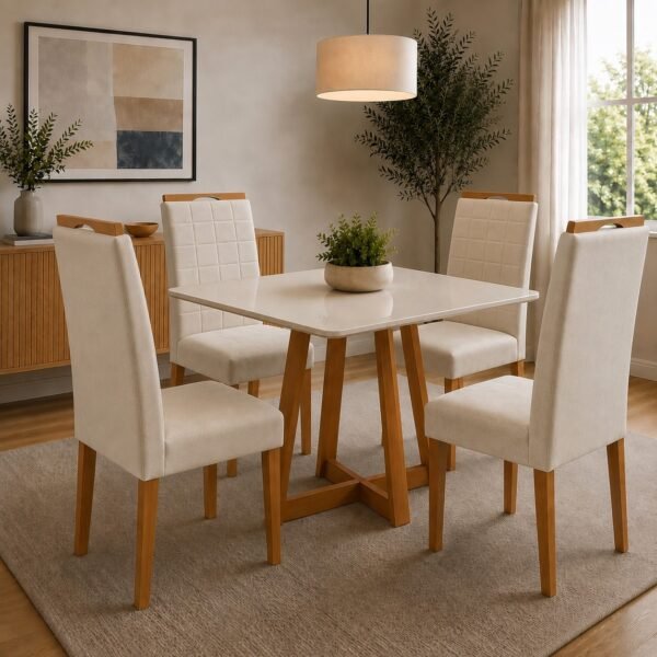 Mesa Maria 90 Imbuia/Off White com 4 Cadeiras Quartzo/Safira Veludo Bege – A&A CONCEITO + KM DECOR