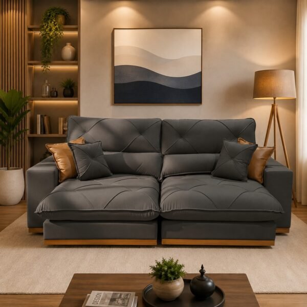Sofá Retrátil e Reclinável Grambelo/Gran Bello 2,30 m Veludo Cinza 09 – D SALA DECOR ESTOFADOS