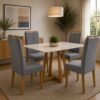 Mesa Maria 120 Imbuia/Off White com 4 Cadeiras Quartzo/Safira Veludo Cinza Grafite – A&A CONCEITO + KM DECOR