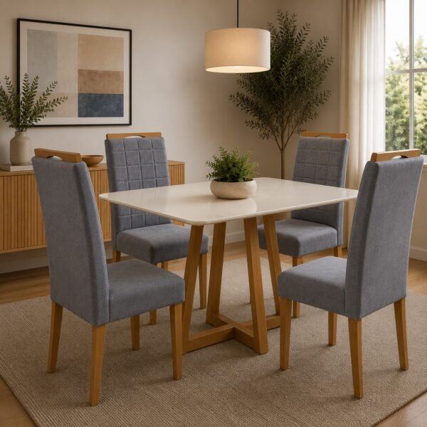 Mesa Maria 120 Imbuia/Off White com 4 Cadeiras Quartzo/Safira Veludo Cinza Grafite – A&A CONCEITO + KM DECOR