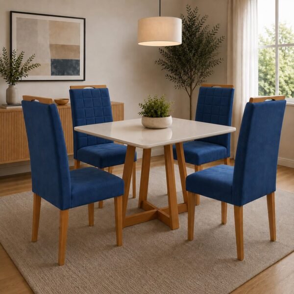 Mesa Maria 90 Imbuia/Off White com 4 Cadeiras Quartzo/Safira Veludo Azul – A&A CONCEITO + KM DECOR