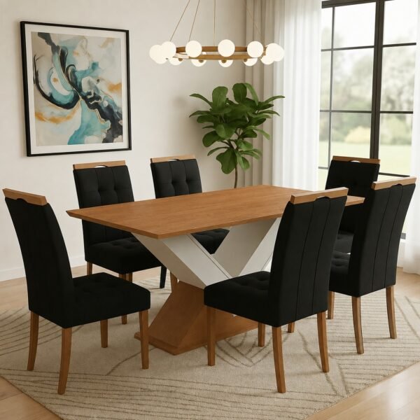 Mesa Amora BA35 160 (S/Vidro) Canela/Off White com 6 Cadeiras Sophia Veludo Preto – KAPPESBERG + WM DECOR