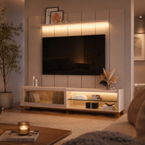 Painel até 75″ Lumi 1,88 m + Rack Vellaro 1,80 m Off White – EDN MÓVEIS
