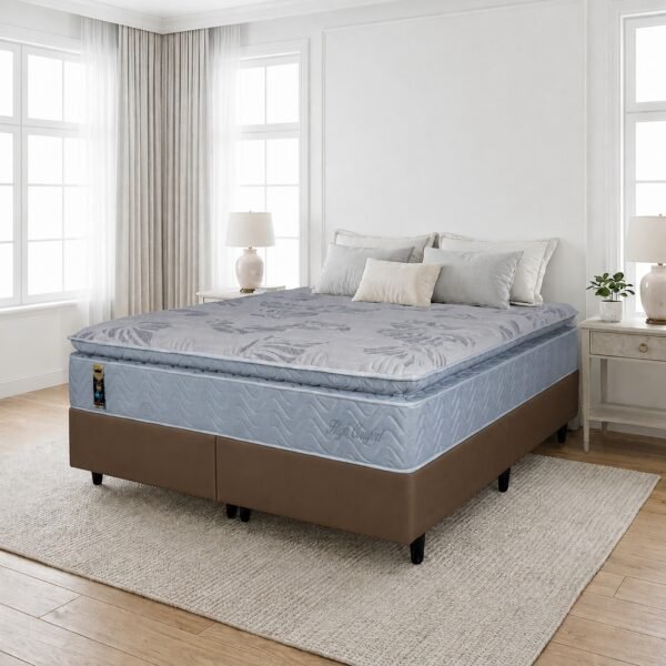 Colchão Queen High Comfort 34 cm D28 Molas Ensacadas + Base Simples Corino Marrom – KING KONFORT COLCHÕES + BIOSTAR