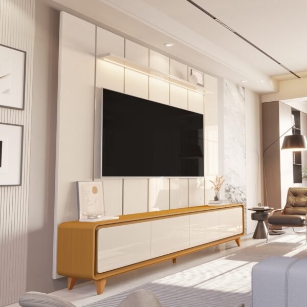Painel até 75″ Lumi 2,19 m Off White + Rack Liv 2,18 m Cedro/Off White – EDN MÓVEIS