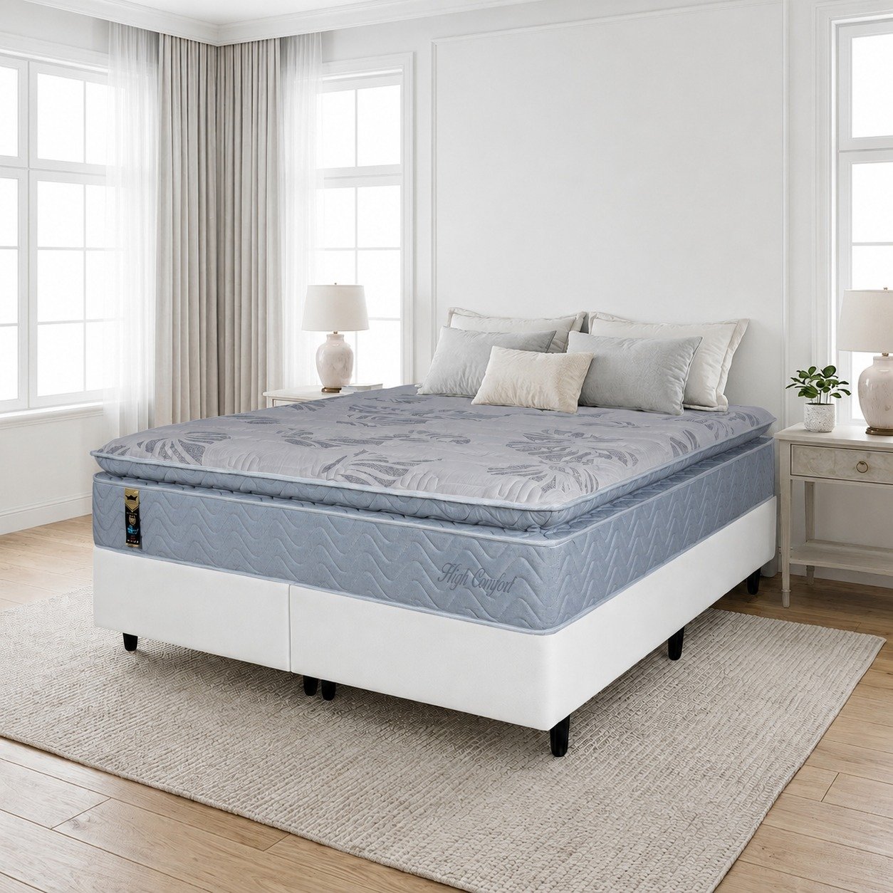 Colchão Queen High Comfort 34 cm D28 Molas Ensacadas + Base Simples Corino Branco – KING KONFORT COLCHÕES + BIOSTAR
