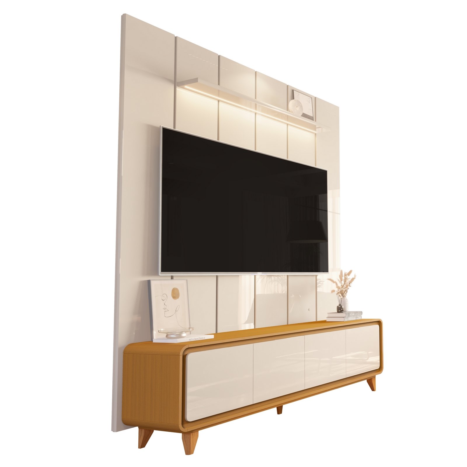 Painel até 75″ Lumi 1,88 m Off White + Rack Liv 1,80 m Cedro/Off White – EDN MÓVEIS - Imagem 5