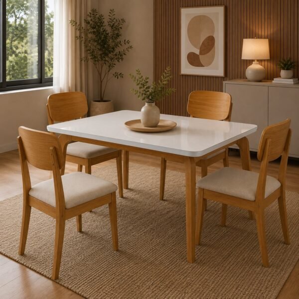 Mesa Londrina 120 Naturale/Off White com 4 Cadeiras Havana Veludo Creme – RUFATO