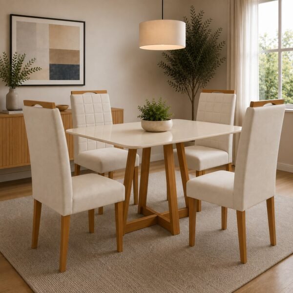 Mesa Maria 120 Imbuia/Off White com 4 Cadeiras Quartzo/Safira Veludo Bege – A&A CONCEITO + KM DECOR