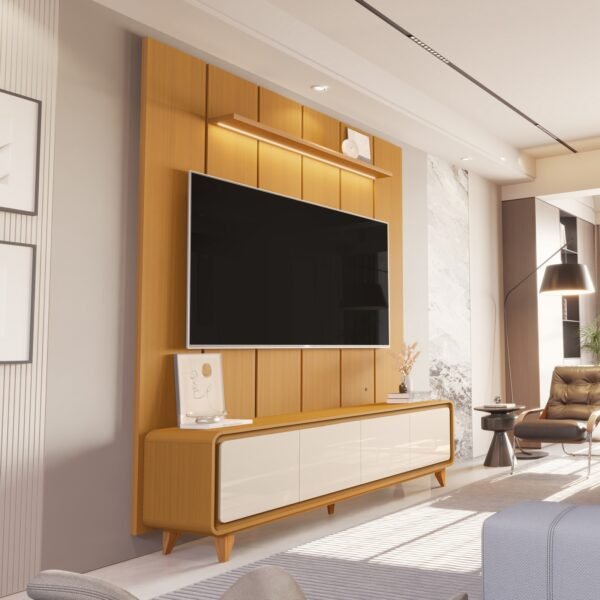 Painel até 75″ Lumi 1,88 m Cedro + Rack Liv 1,80 m Cedro/Off White – EDN MÓVEIS