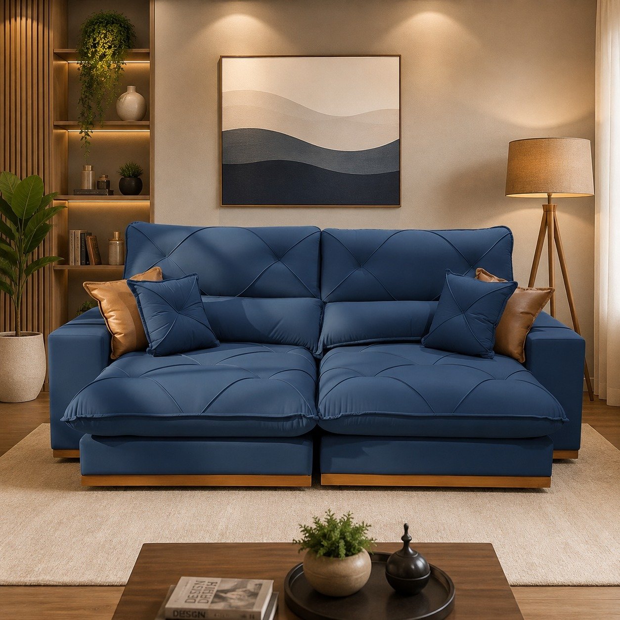 Sofá Retrátil e Reclinável Grambelo/Gran Bello 2,50 m Veludo Azul 07 – D SALA DECOR ESTOFADOS