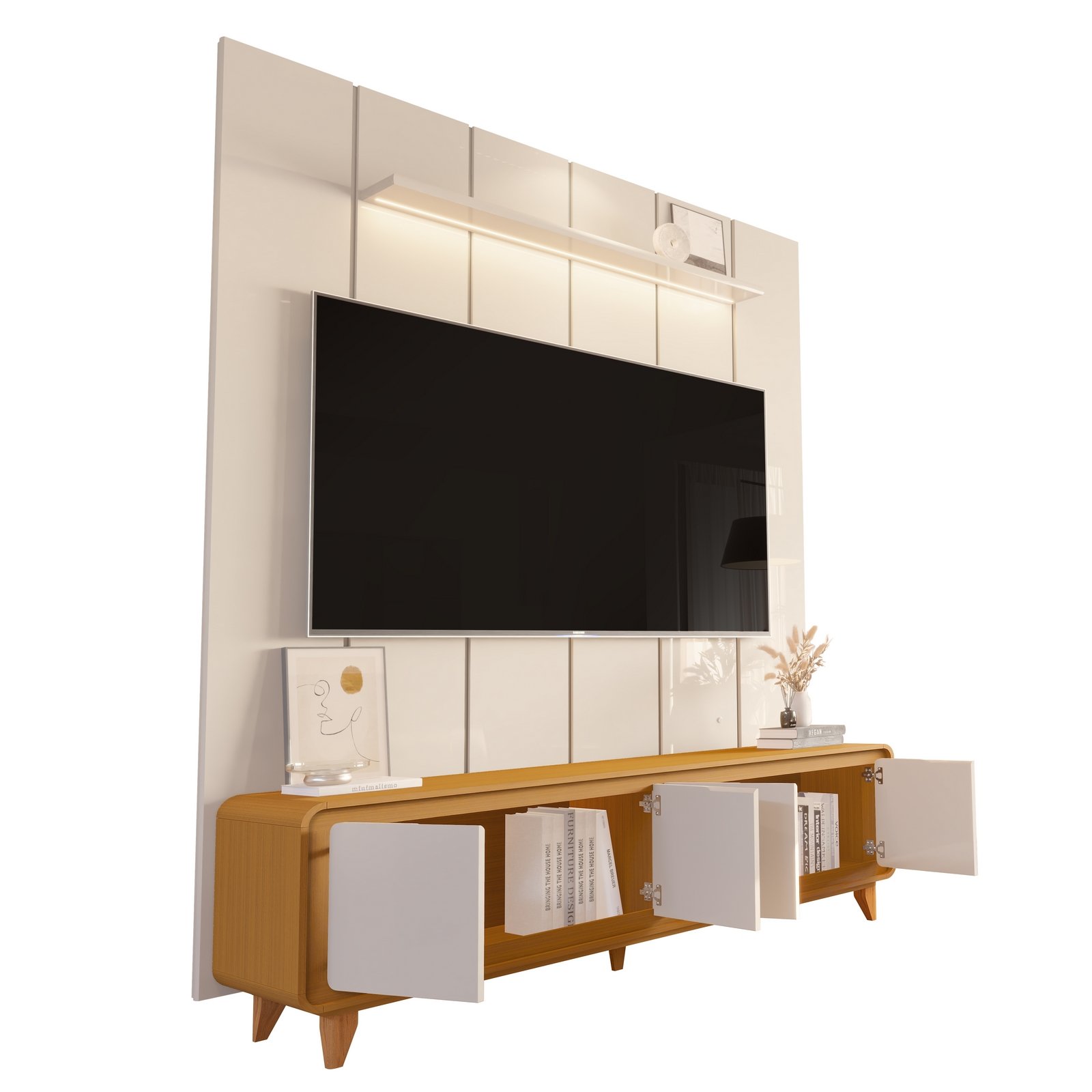 Painel até 75″ Lumi 1,88 m Off White + Rack Liv 1,80 m Cedro/Off White – EDN MÓVEIS - Imagem 4