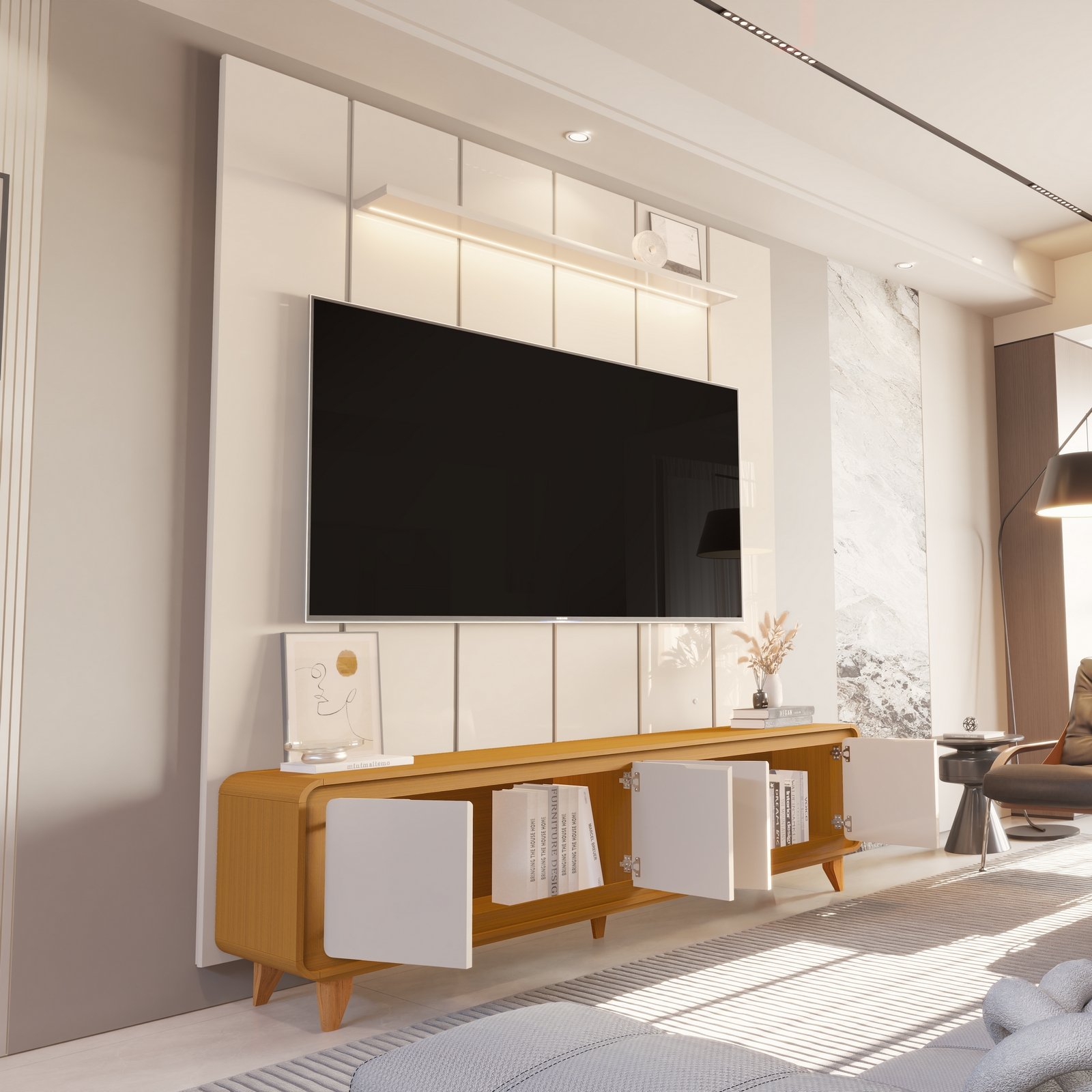 Painel até 75″ Lumi 1,88 m Off White + Rack Liv 1,80 m Cedro/Off White – EDN MÓVEIS - Imagem 2