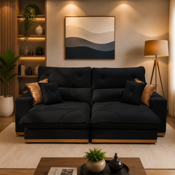 Sofá Retrátil e Reclinável Grambelo/Gran Bello 2,00 m Veludo Preto 14 – D SALA DECOR ESTOFADOS