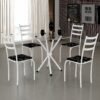 Mesa 4 Cadeiras Marabá (Tampo Vidro Redondo) Branco/Preto Lírio - TEIXEIRA