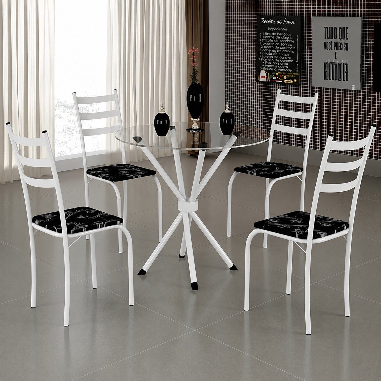 Mesa 4 Cadeiras Marabá (Tampo Vidro Redondo) Branco/Preto Lírio - TEIXEIRA