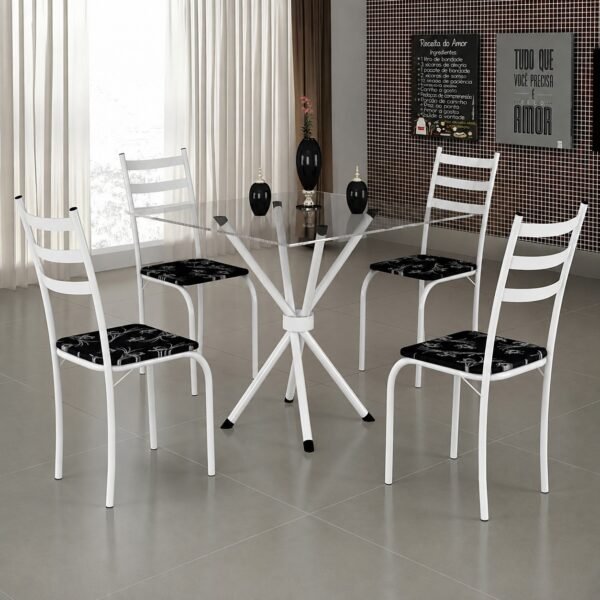 Mesa 4 Cadeiras Marabá (Tampo Vidro Quadrado) Branco/Preto Lírio - TEIXEIRA