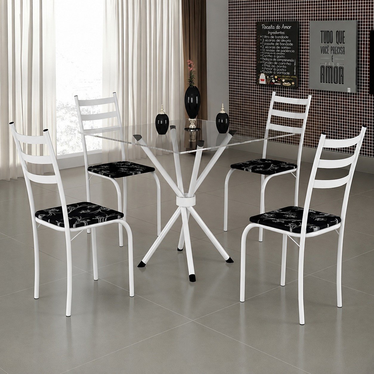 Mesa 4 Cadeiras Marabá (Tampo Vidro Quadrado) Branco/Preto Lírio - TEIXEIRA