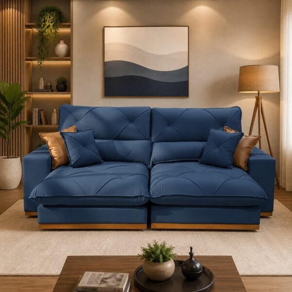 Sofá Retrátil e Reclinável Grambelo/Gran Bello 2,30 m Veludo Azul 07 – D SALA DECOR ESTOFADOS