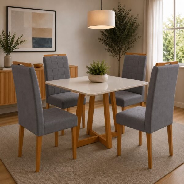 Mesa Maria 90 Imbuia/Off White com 4 Cadeiras Quartzo/Safira Veludo Cinza Grafite – A&A CONCEITO + KM DECOR