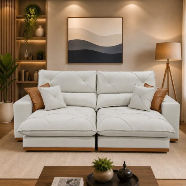 Sofá Retrátil e Reclinável Grambelo/Gran Bello 2,50 m Veludo Bege 01 – D SALA DECOR ESTOFADOS