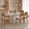 Mesa Tilia 180 Canto Copo Off White/Off White/Naturale com 6 Cadeiras Havana Veludo Creme – RUFATO