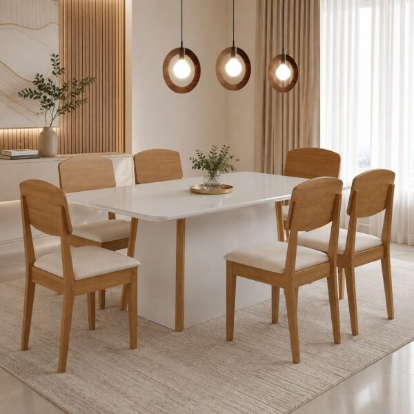 Mesa Tilia 180 Canto Copo Off White/Off White/Naturale com 6 Cadeiras Havana Veludo Creme – RUFATO
