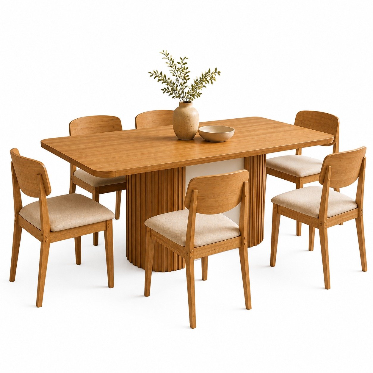 Mesa Pilar 180 Canto Copo (S/Vidro) Naturale/Off White/Naturale com 6 Cadeiras Havana Veludo Creme – RUFATO - Imagem 2