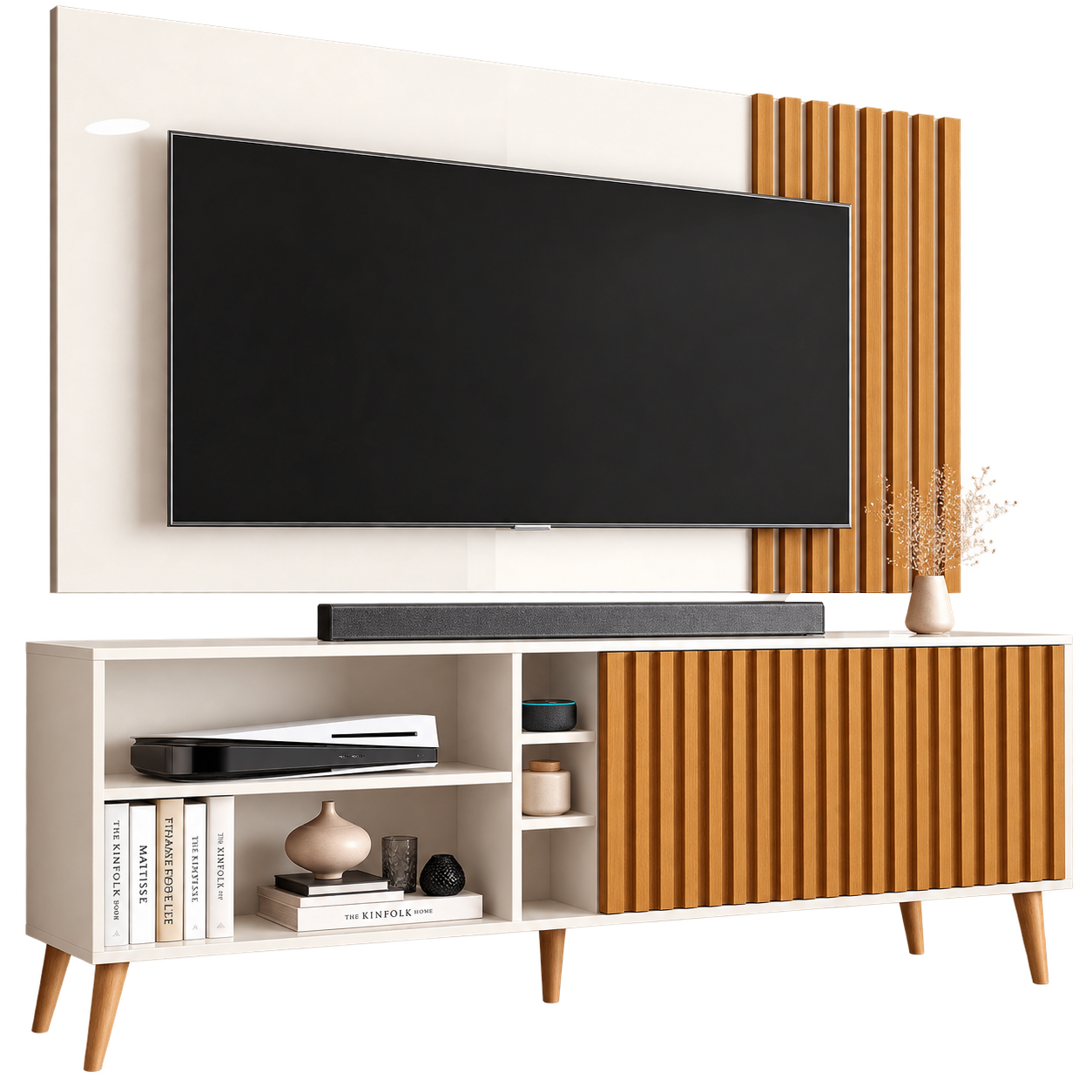 Painel até 65" + Rack Bancada Luara Off White/Cedro - SAL MOVELARIA - Imagem 2