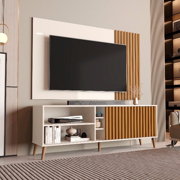 Painel até 65" + Rack Bancada Luara Off White/Cedro - SAL MOVELARIA