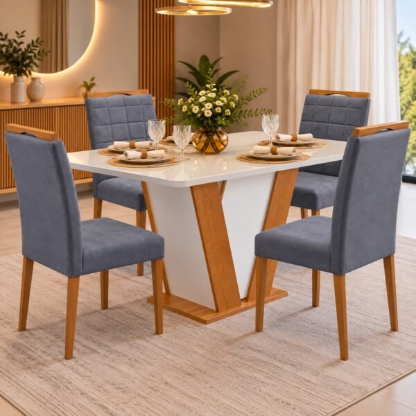 Mesa Qatar 120 (Tampo Londres c/ vidro) Off White/Cinamomo/Off White com 4 Cadeiras Quartzo/Safira Veludo Cinza Grafite - CEL MÓVEIS + KM DECOR