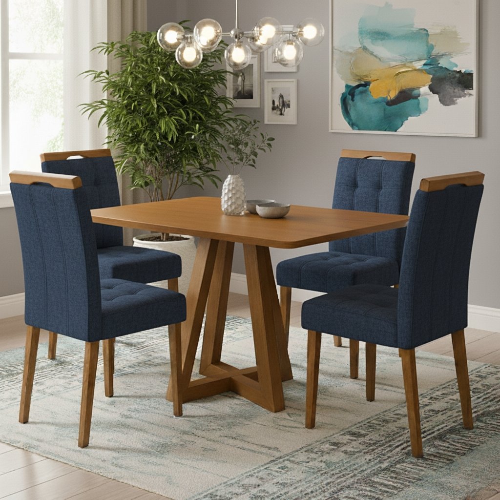 Mesa Alva ME02 120 Canela com 4 Cadeiras Sophia Veludo Azul – KAPPESBERG + WM DECOR