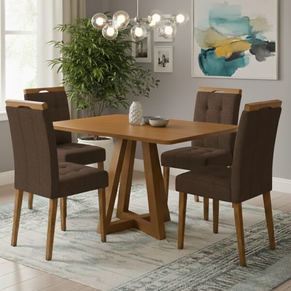 Mesa Alva ME02 120 Canela com 4 Cadeiras Sophia Veludo Marrom – KAPPESBERG + WM DECOR