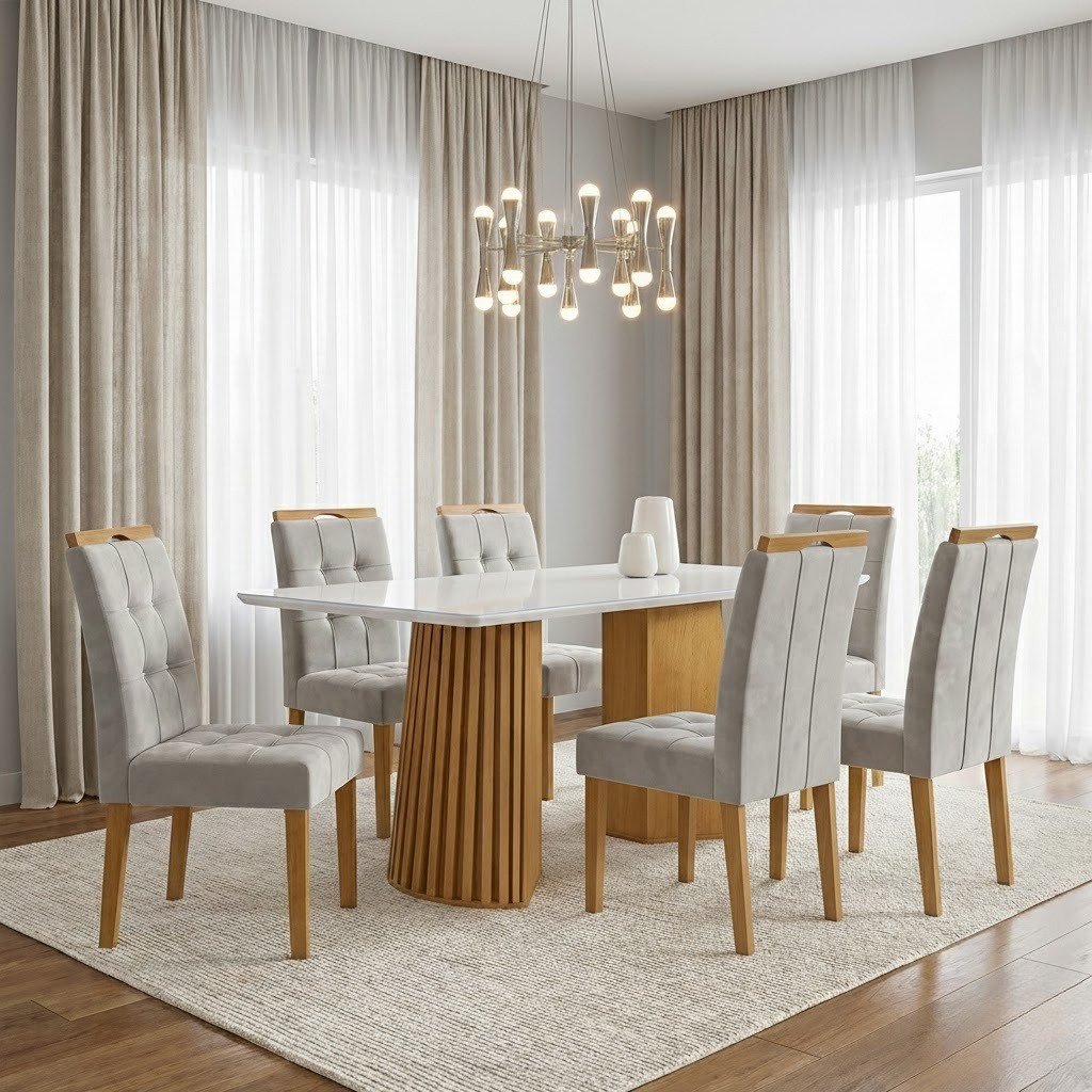 Mesa Nevada 170 (Tampo Smart Plus) Cinamomo/Off White com 6 Cadeiras Sophia Veludo Bege – CEL MÓVEIS + WM DECOR