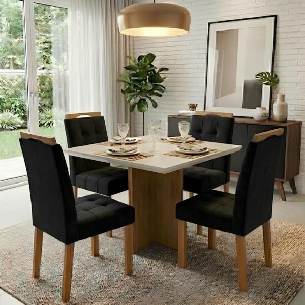 Mesa Salinas 90 (Tampo Dakota c/ vidro) Cinamomo/Off White com 4 Cadeiras Sophia Veludo Preto – CEL MÓVEIS + WM DECOR