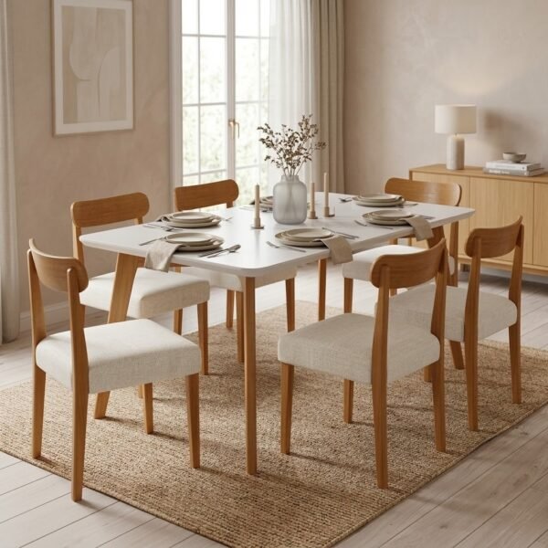 Mesa Anne 180 Mel/Off White com 6 Cadeiras Maragogi Linho Palha 311A – HR MOVELARIA