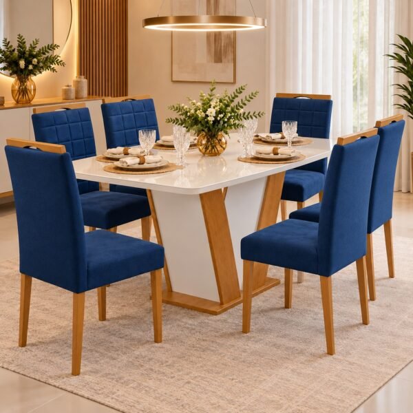 Mesa Qatar 160 (Tampo Londres c/ vidro) Off White/Cinamomo/Off White com 6 Cadeiras Quartzo/Safira Veludo Azul – CEL MÓVEIS + KM DECOR
