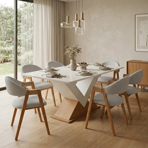 Mesa Amora BA35 160 Canela/Off White com 6 Cadeiras Ravenna Linho Cinza – KAPPESBERG + GARDIM MÓVEIS